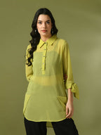 Myshka Women's Yellow Solid Georgette Longline Party Sheer Tunic | Grocsy