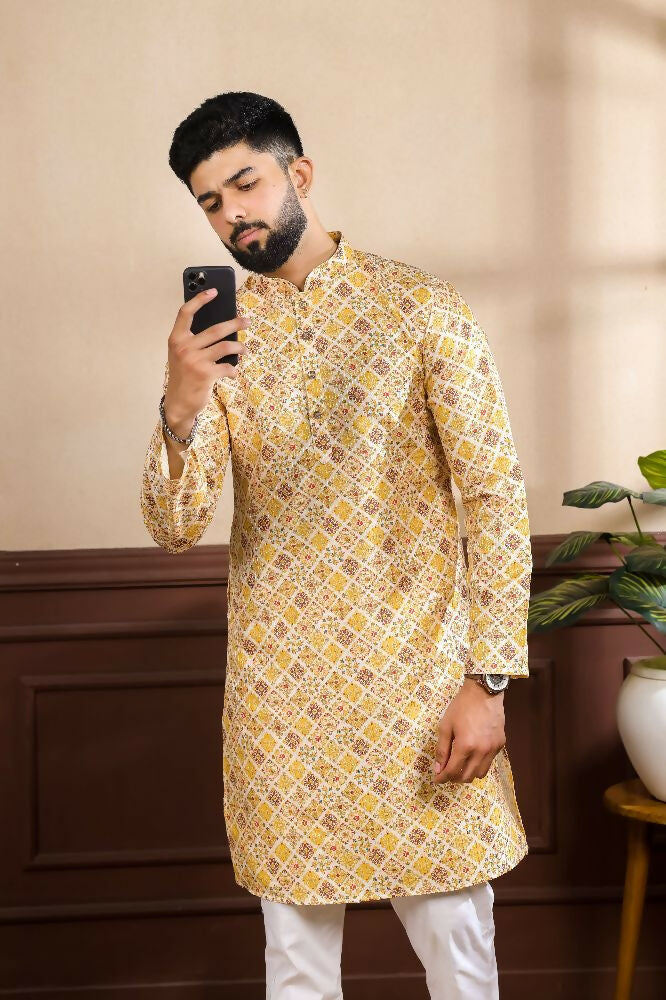 Mustard Art Silk Digital Printed, Embroidery Work Kurta Set - Mahotsav | Grocsy