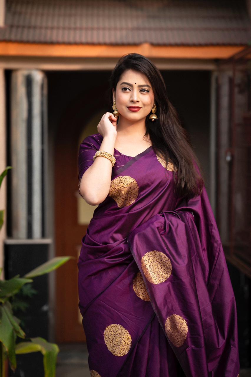 Purple Silk Woven Saree with Unstitched Blouse - Hiral Fashion | Grocsy
