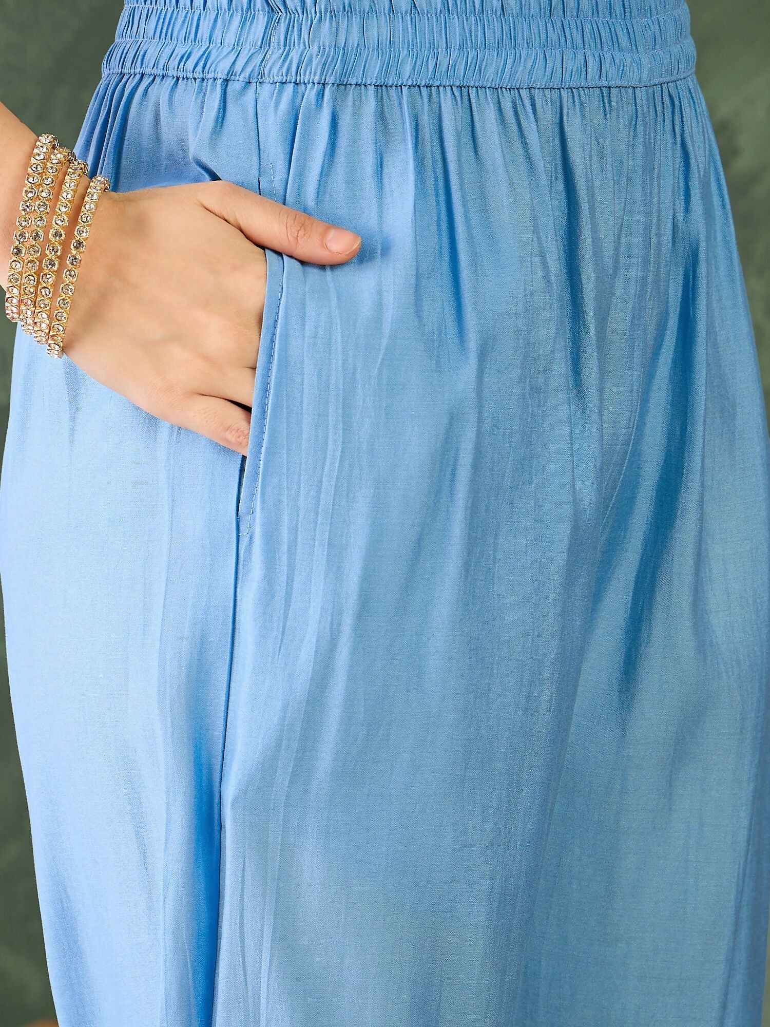 The52 Women's Gorgeous Embroidery Work Viscose Silk Fabric Straight Kurta Pant and Dupatta Set-Sky | Grocsy