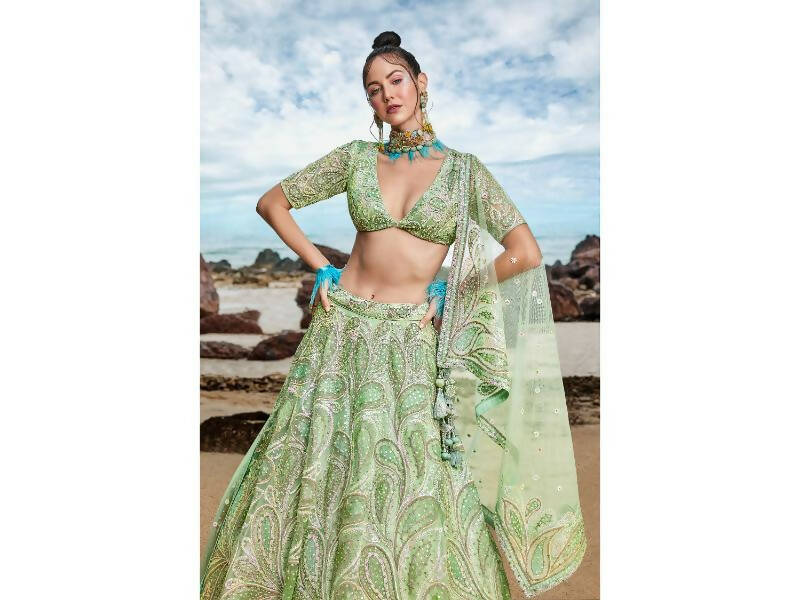 House of Panchhi Lime green Net Multi Sequins with heavy Zarkan embroidery Lehenga choli & Dupatta | Grocsy