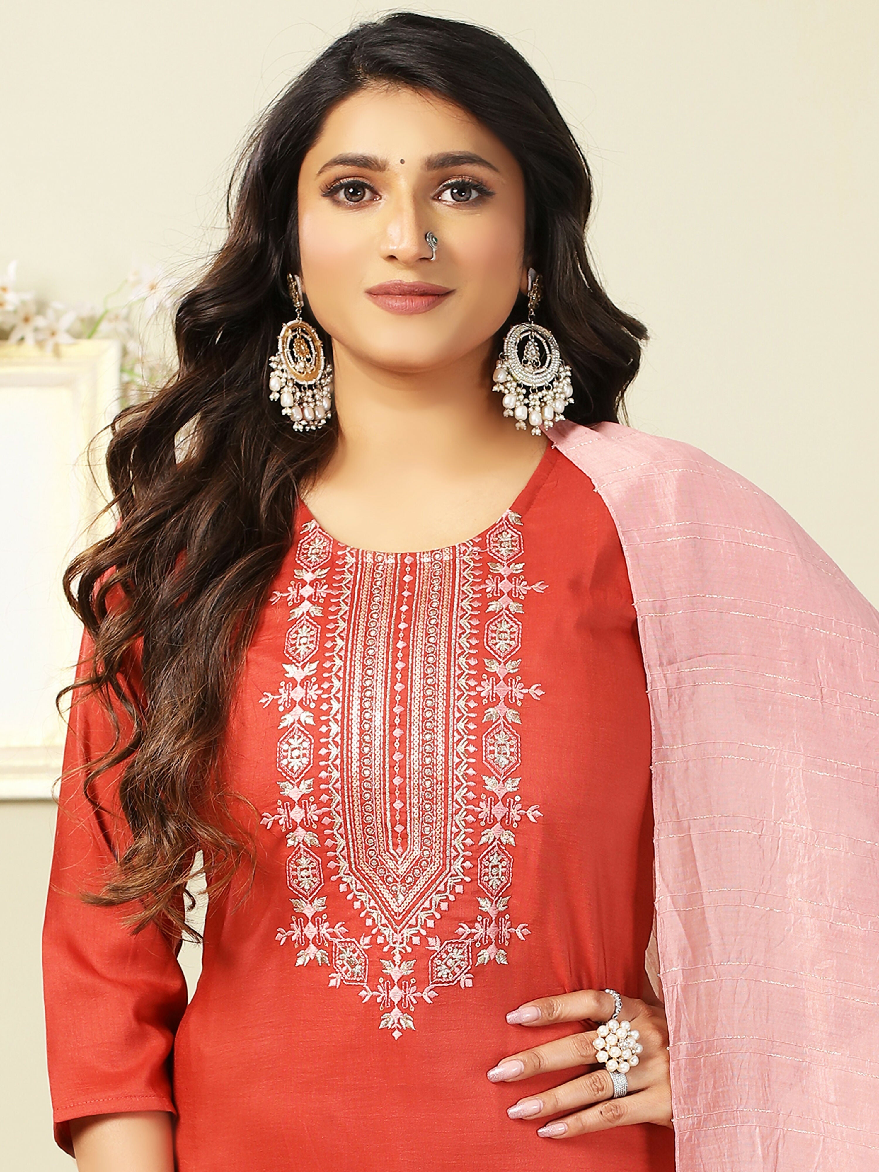 Vamika Chinon Embroidery Orange Party Wear/Casual Wear/Office Wear Kurta Set/Suit | Grocsy