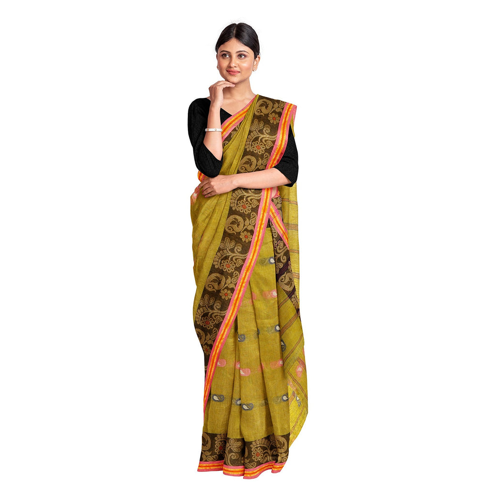 Exclusive Collection 100% Pure Cotton Olive Tant Saree With Hand Weaving Work | Grocsy
