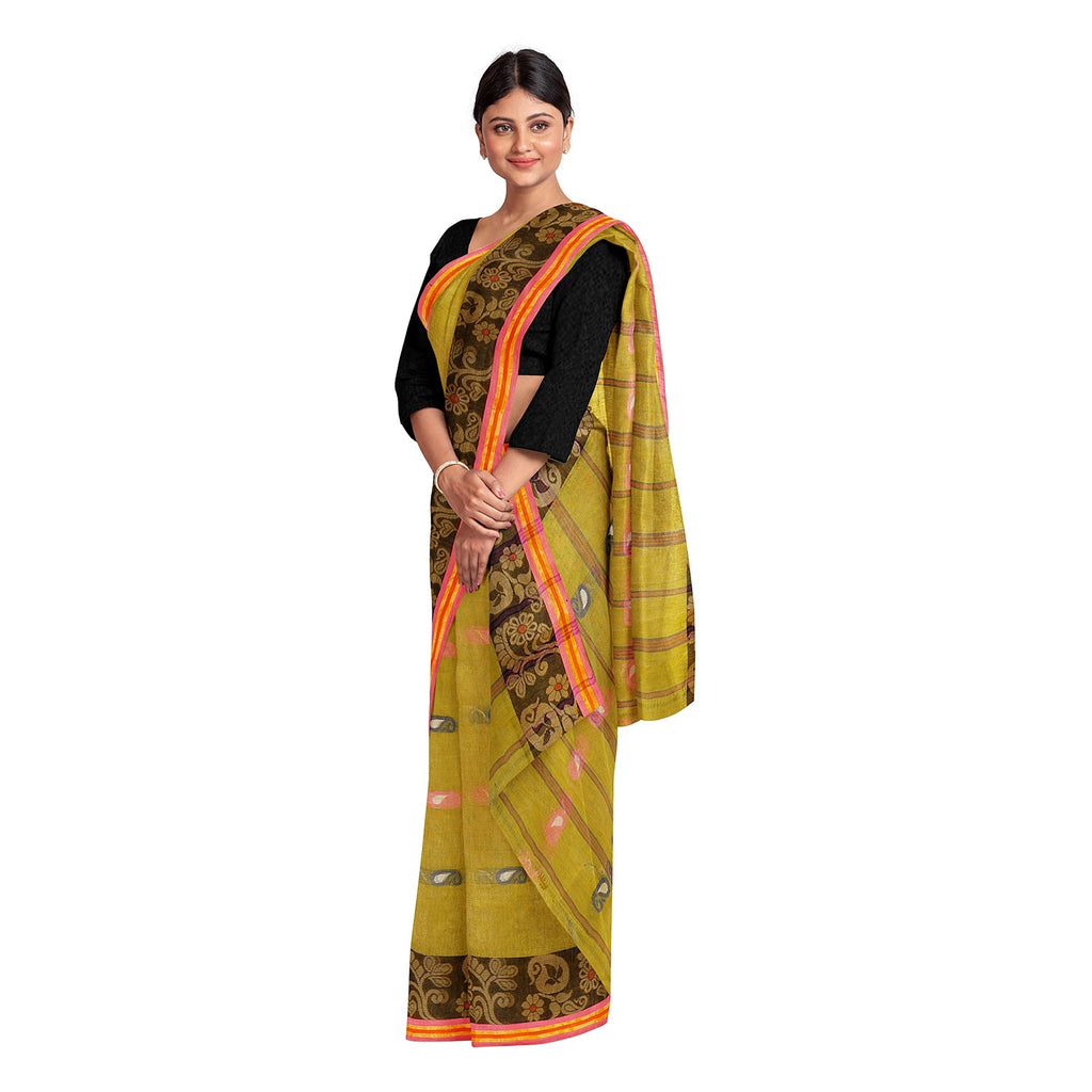 Exclusive Collection 100% Pure Cotton Olive Tant Saree With Hand Weaving Work | Grocsy