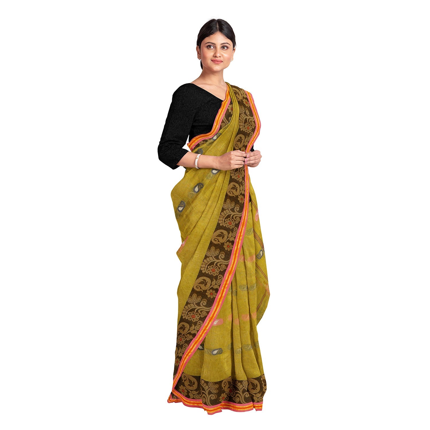 Exclusive Collection 100% Pure Cotton Olive Tant Saree With Hand Weaving Work | Grocsy