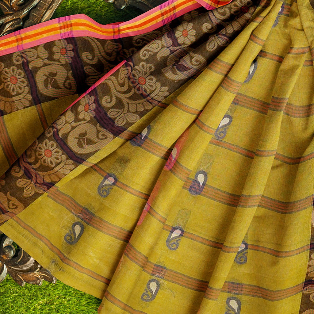 Exclusive Collection 100% Pure Cotton Olive Tant Saree With Hand Weaving Work | Grocsy