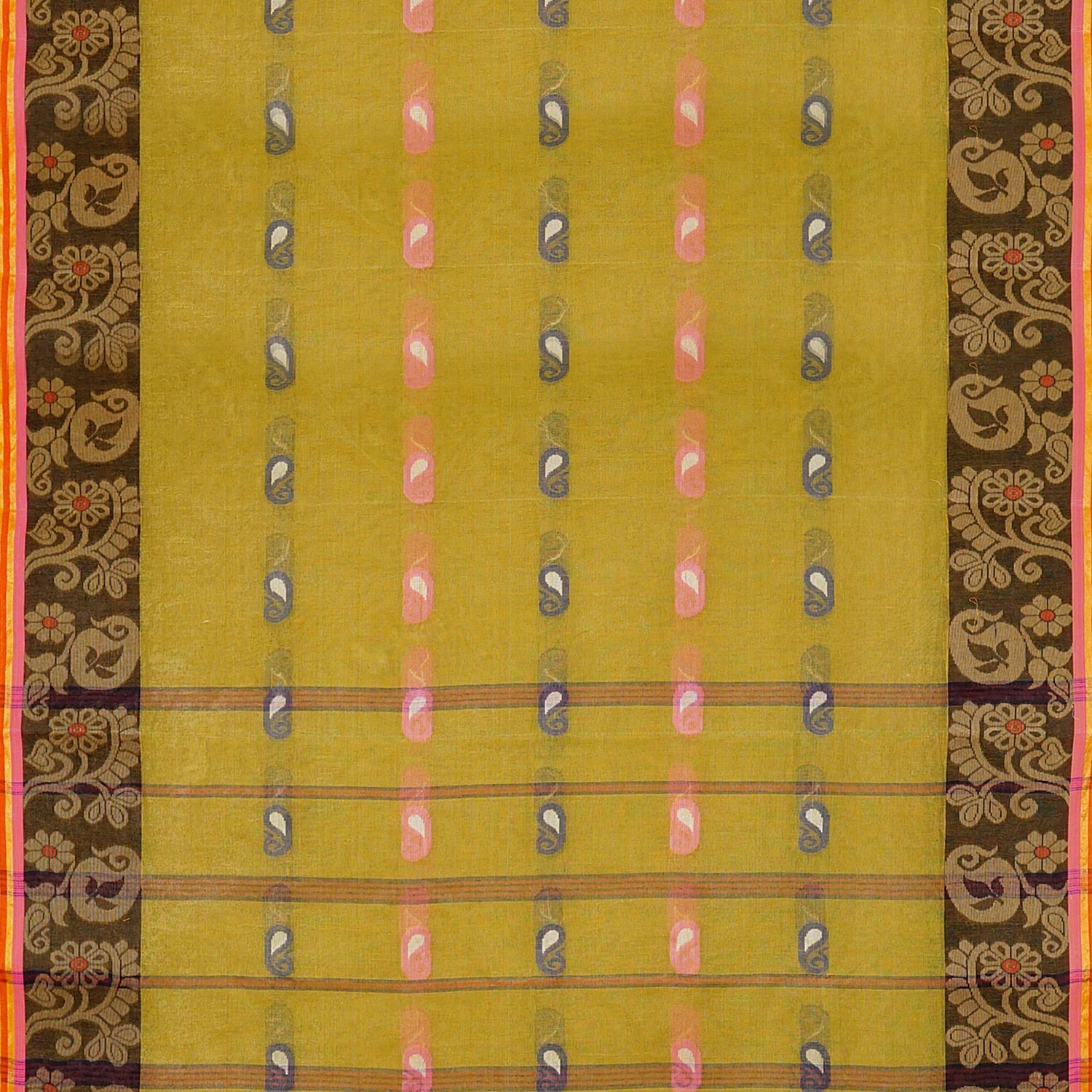 Exclusive Collection 100% Pure Cotton Olive Tant Saree With Hand Weaving Work | Grocsy