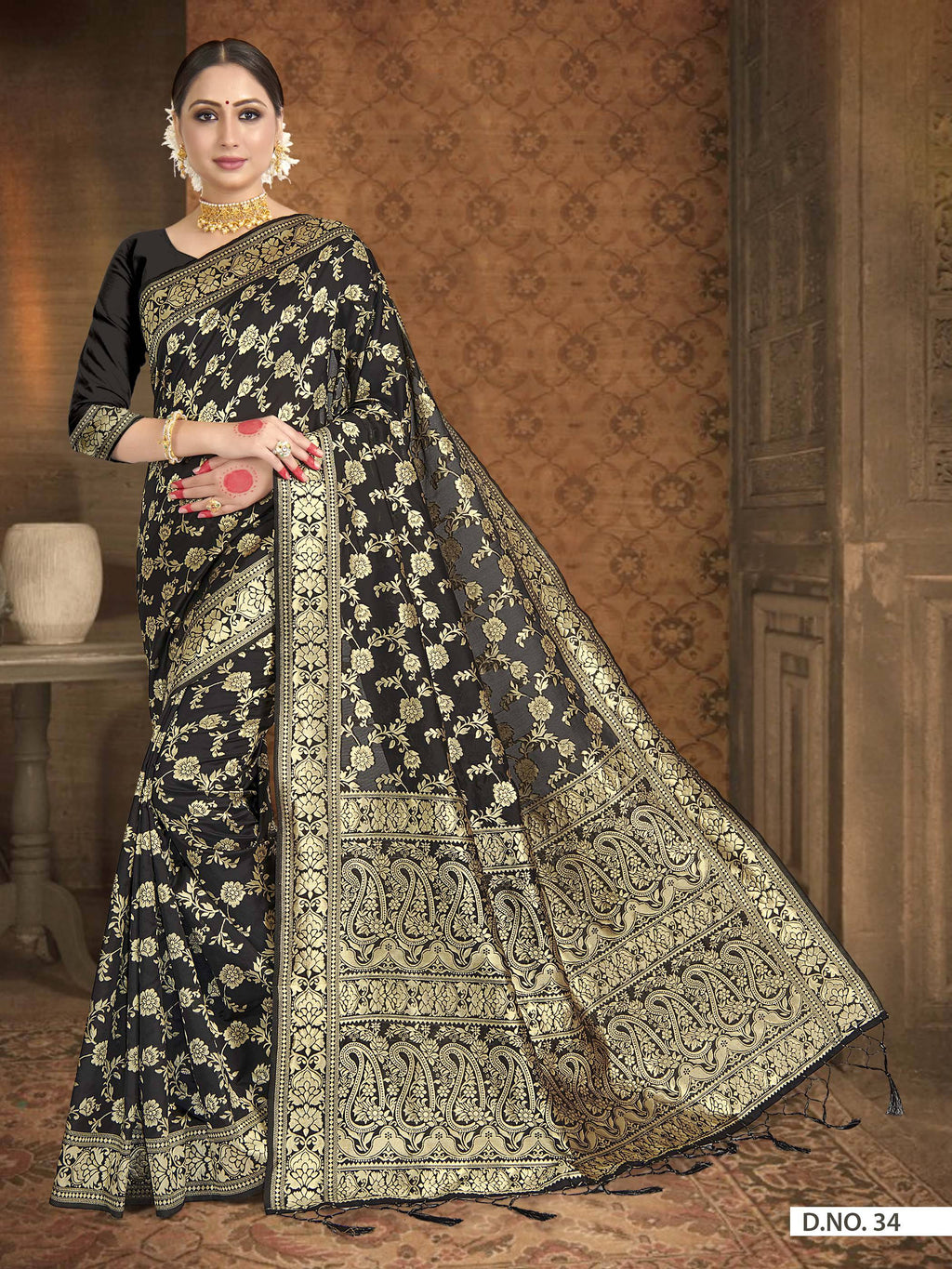 Vardha Black Woven Zari Jaal Banarasi Saree | Grocsy