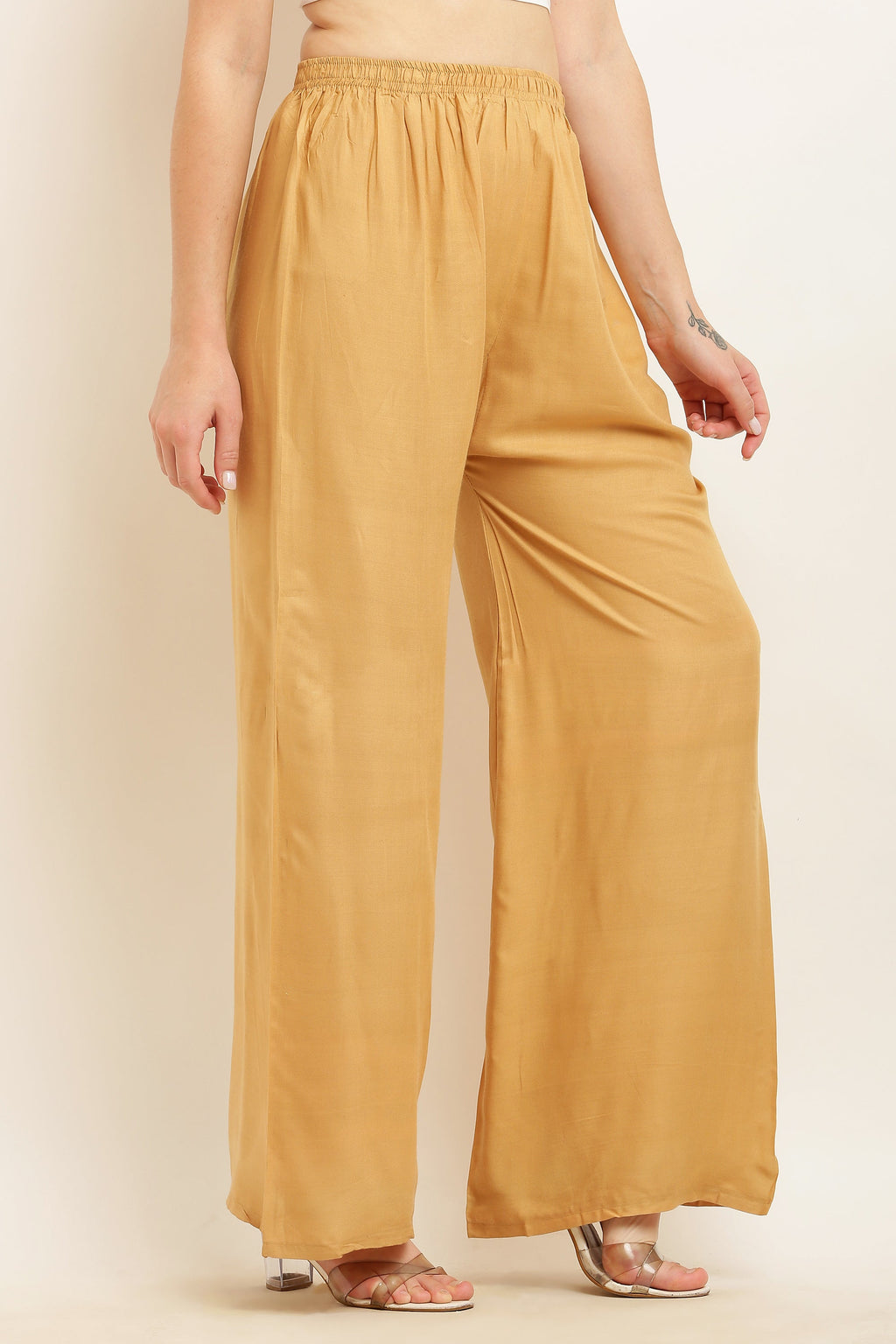 PAVONINE Beige Color Straight Fit Rayon Fabric Palazzo | Grocsy