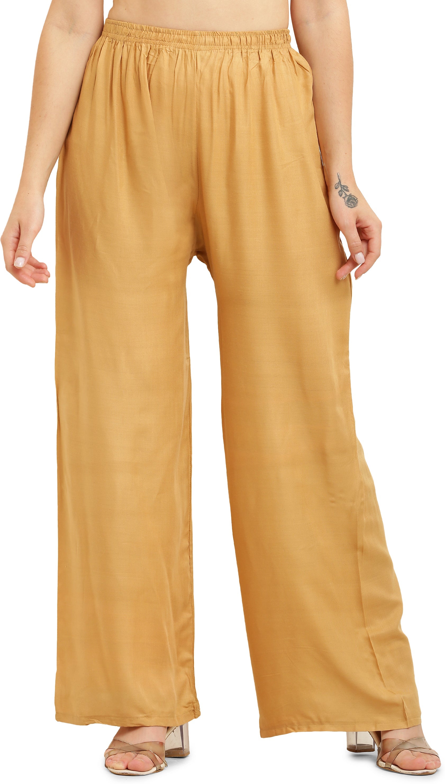 PAVONINE Beige Color Straight Fit Rayon Fabric Palazzo | Grocsy
