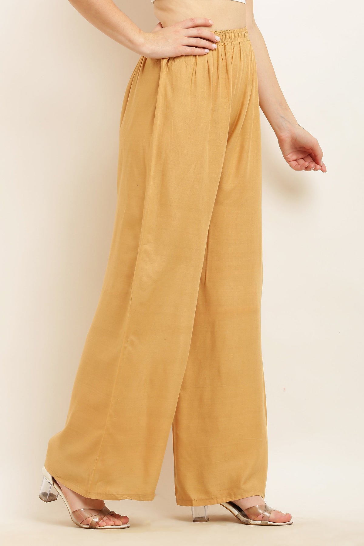 PAVONINE Beige Color Straight Fit Rayon Fabric Palazzo | Grocsy