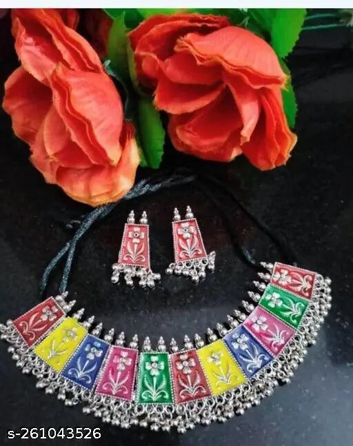 Tehzeeb Creations Women's Multi Colour Meenakari Oxidised Necklace Set - Swadesiicart