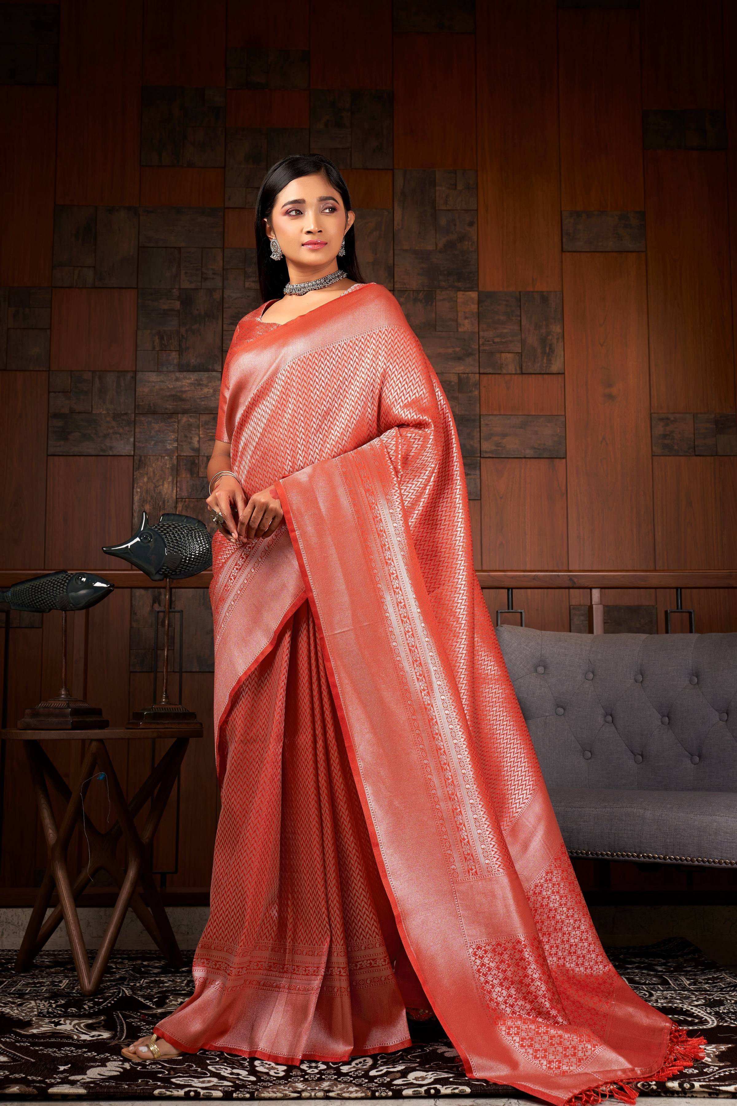Vardha Crimson Red Silver Zari Kanjeevaram Silk Saree | Grocsy
