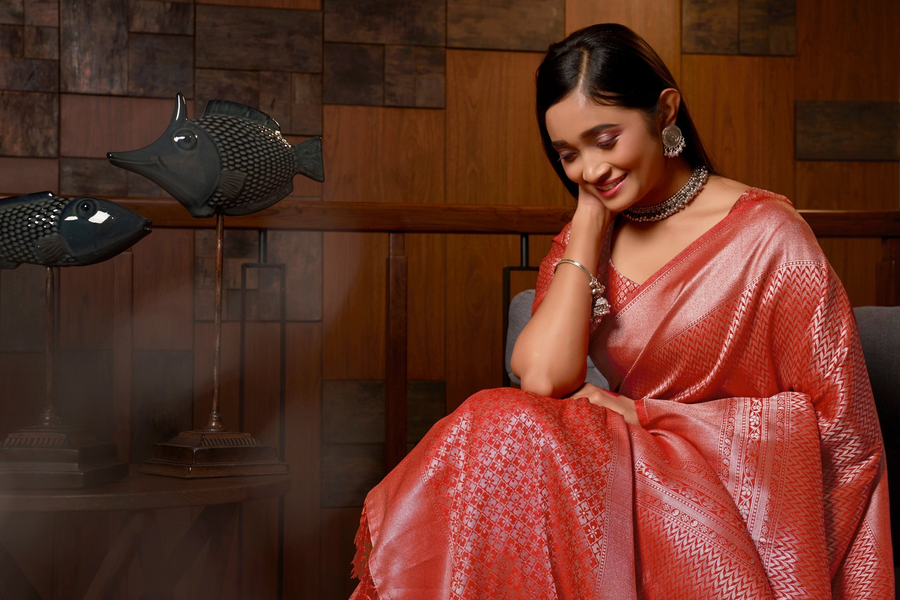 Vardha Crimson Red Silver Zari Kanjeevaram Silk Saree | Grocsy