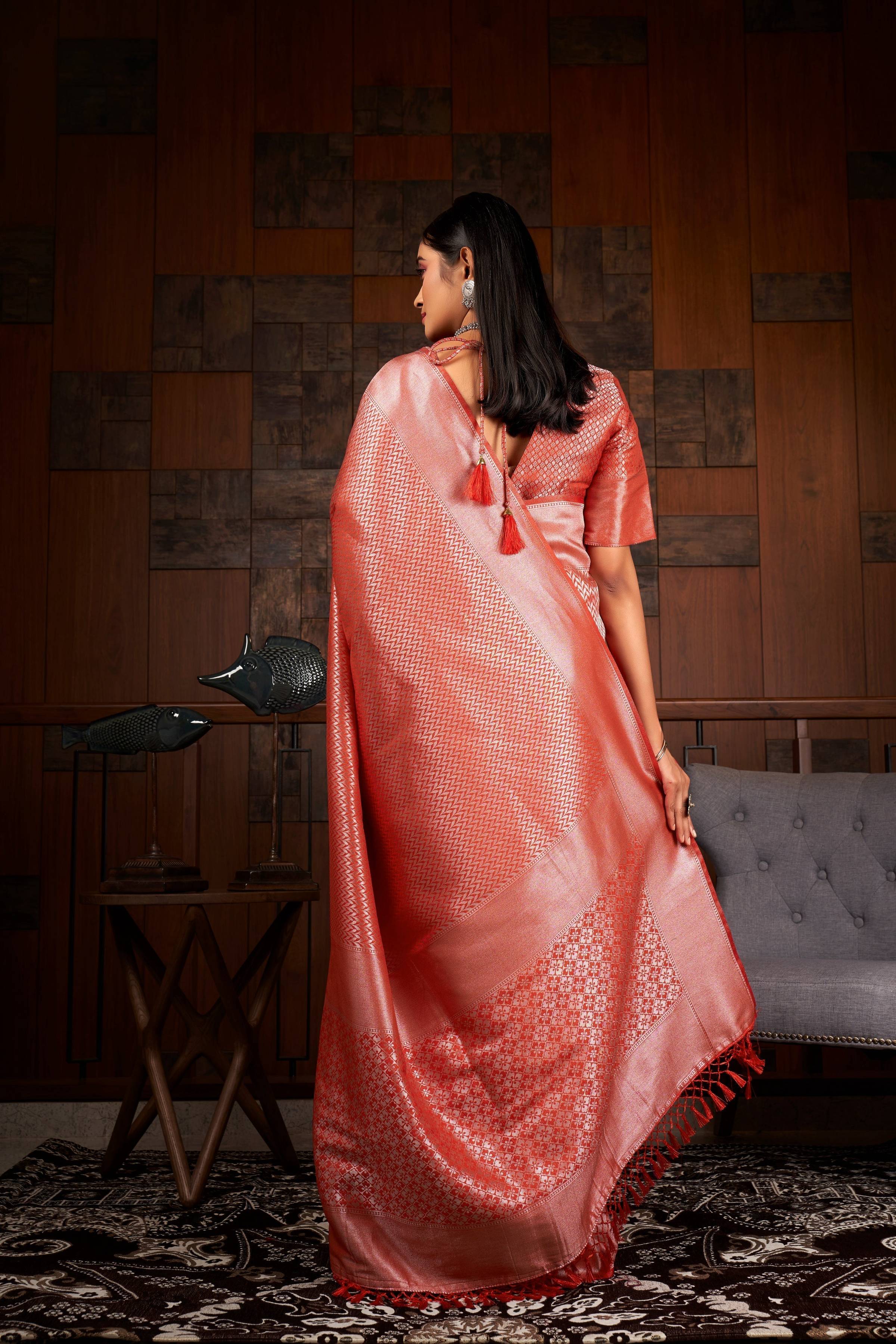 Vardha Crimson Red Silver Zari Kanjeevaram Silk Saree | Grocsy