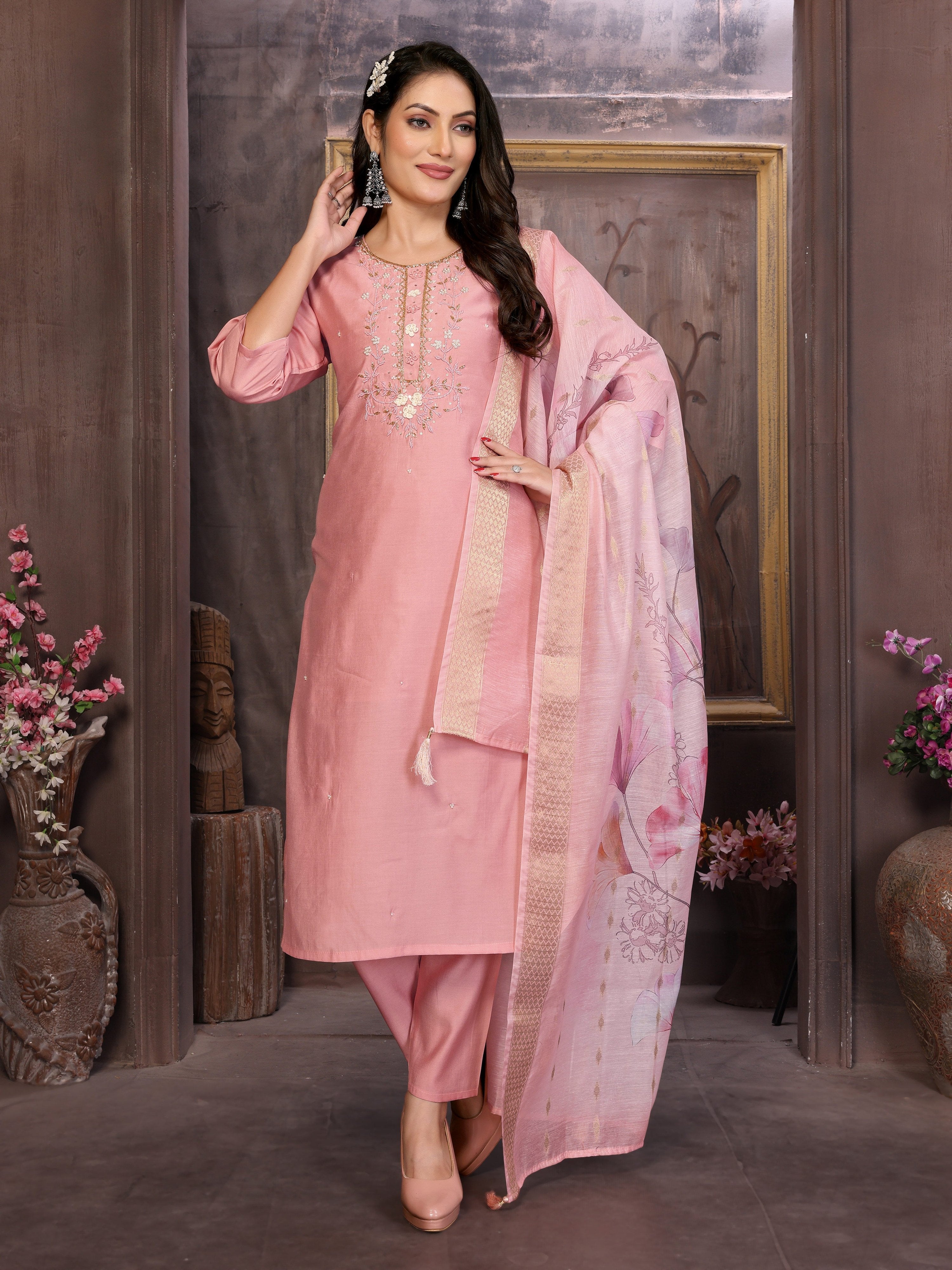 Vedant Vastram Kurta Pant set with Dupatta having Beautiful Hand work (Khatli Work) - Peach | Grocsy