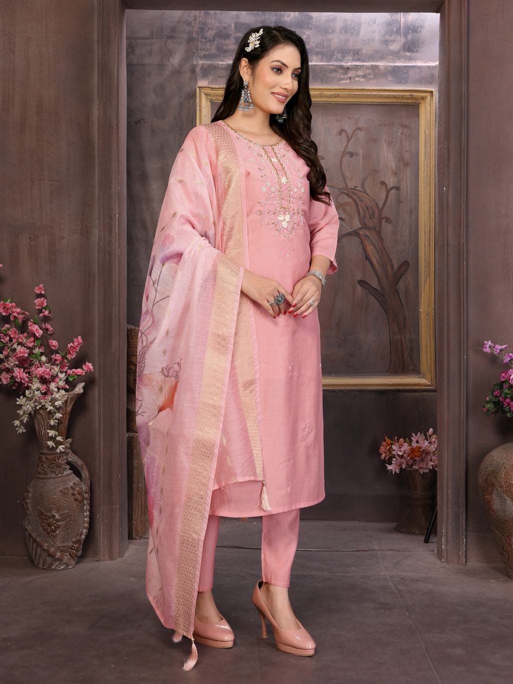 Vedant Vastram Kurta Pant set with Dupatta having Beautiful Hand work (Khatli Work) - Peach | Grocsy
