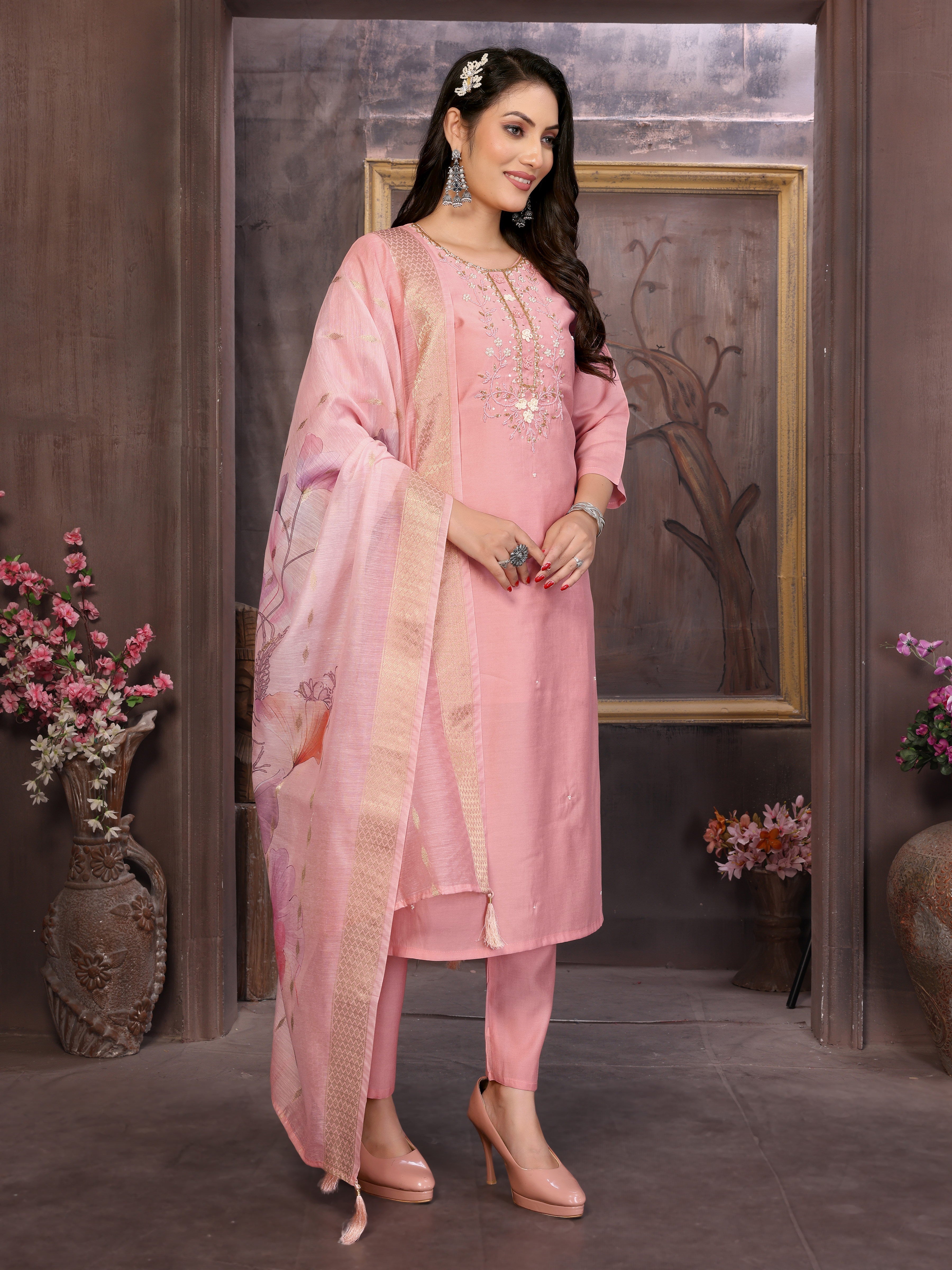 Vedant Vastram Kurta Pant set with Dupatta having Beautiful Hand work (Khatli Work) - Peach | Grocsy