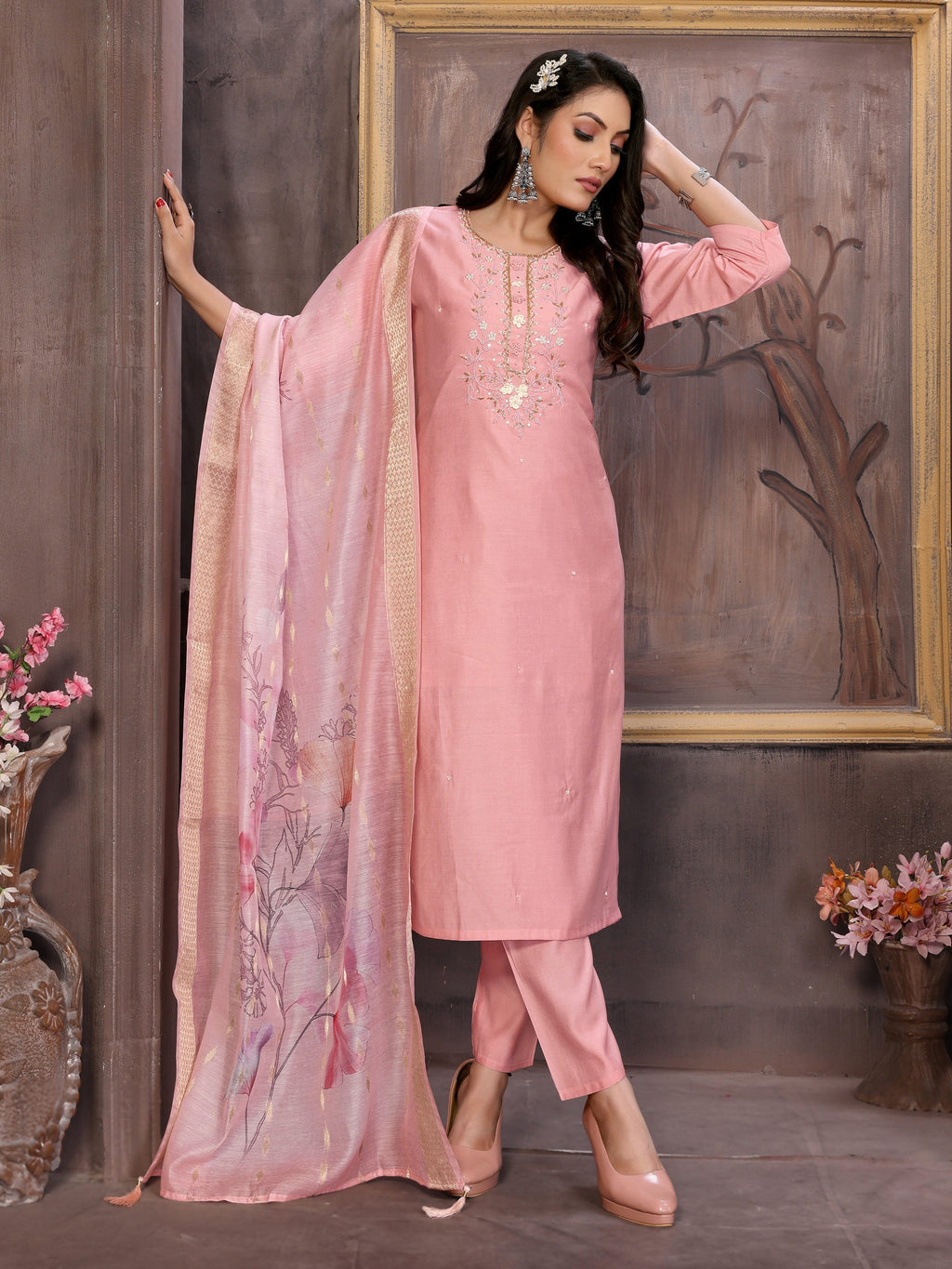 Vedant Vastram Kurta Pant set with Dupatta having Beautiful Hand work (Khatli Work) - Peach | Grocsy