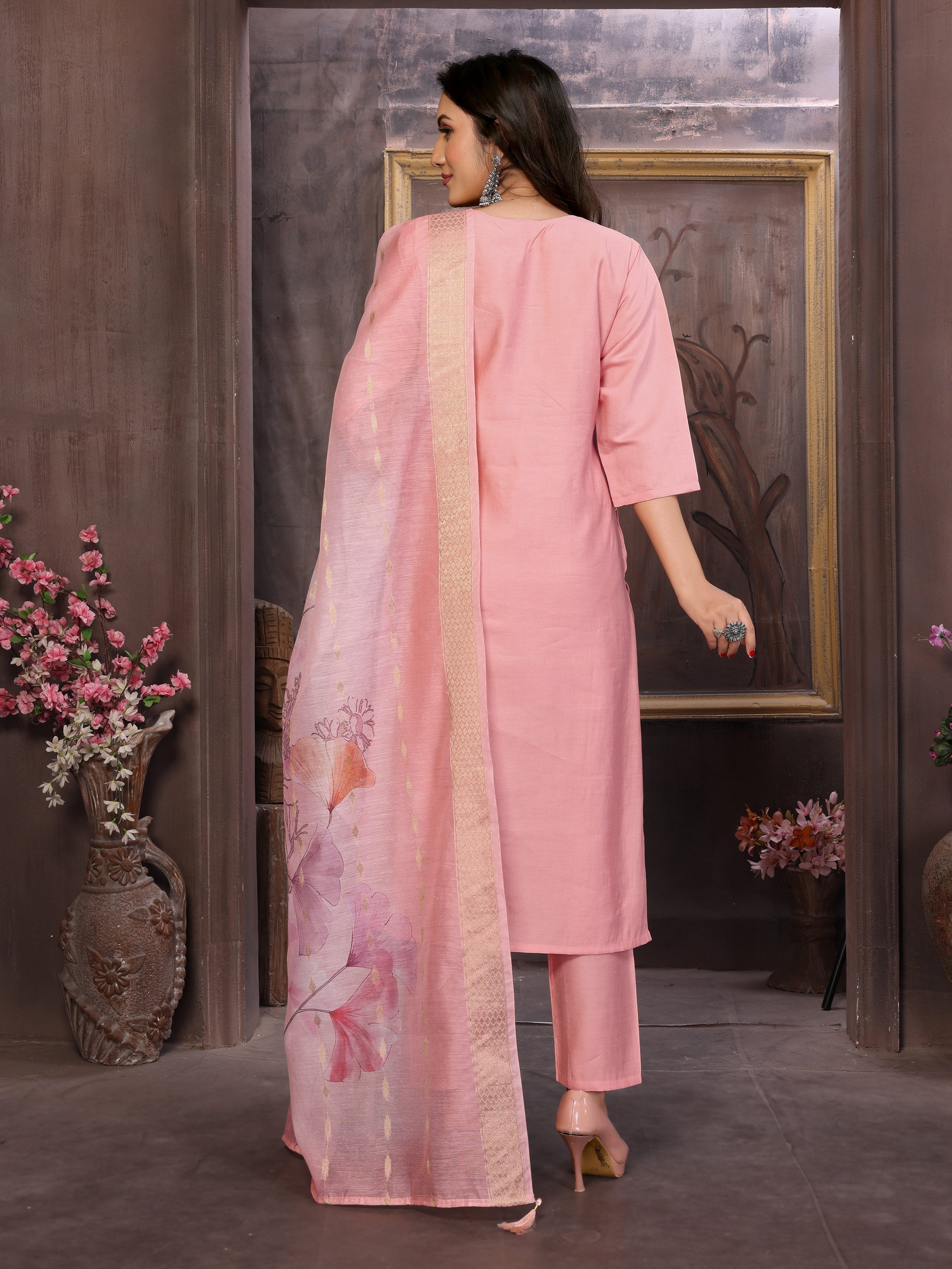 Vedant Vastram Kurta Pant set with Dupatta having Beautiful Hand work (Khatli Work) - Peach | Grocsy
