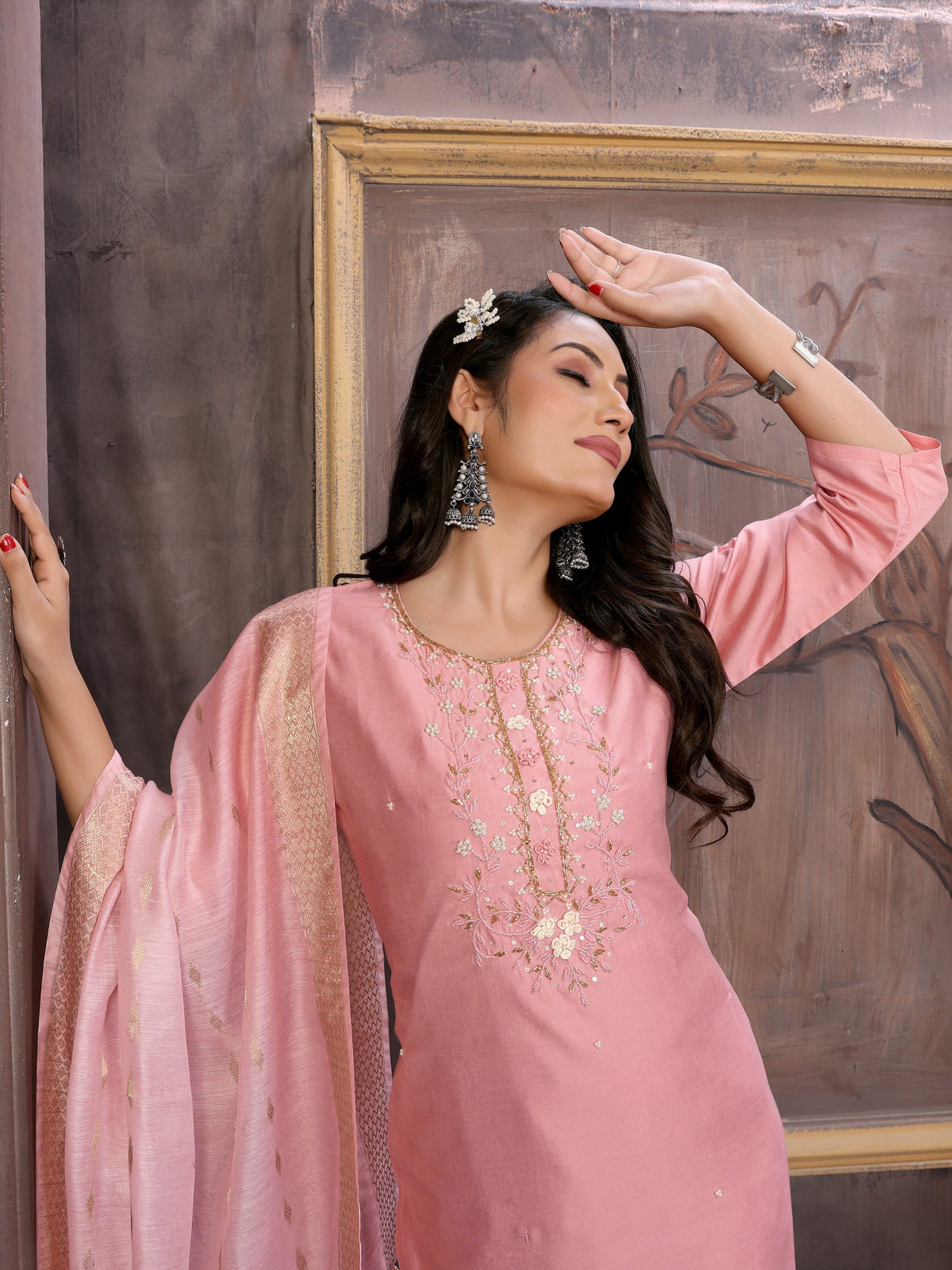 Vedant Vastram Kurta Pant set with Dupatta having Beautiful Hand work (Khatli Work) - Peach | Grocsy