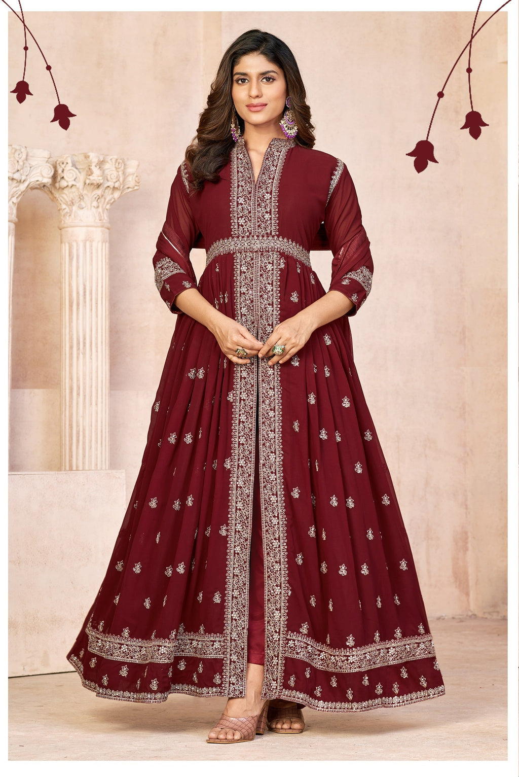 Anaita Maroon Embroidered Faux Georgette Anarkali Suit | Grocsy