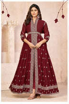 Anaita Maroon Embroidered Faux Georgette Anarkali Suit | Grocsy