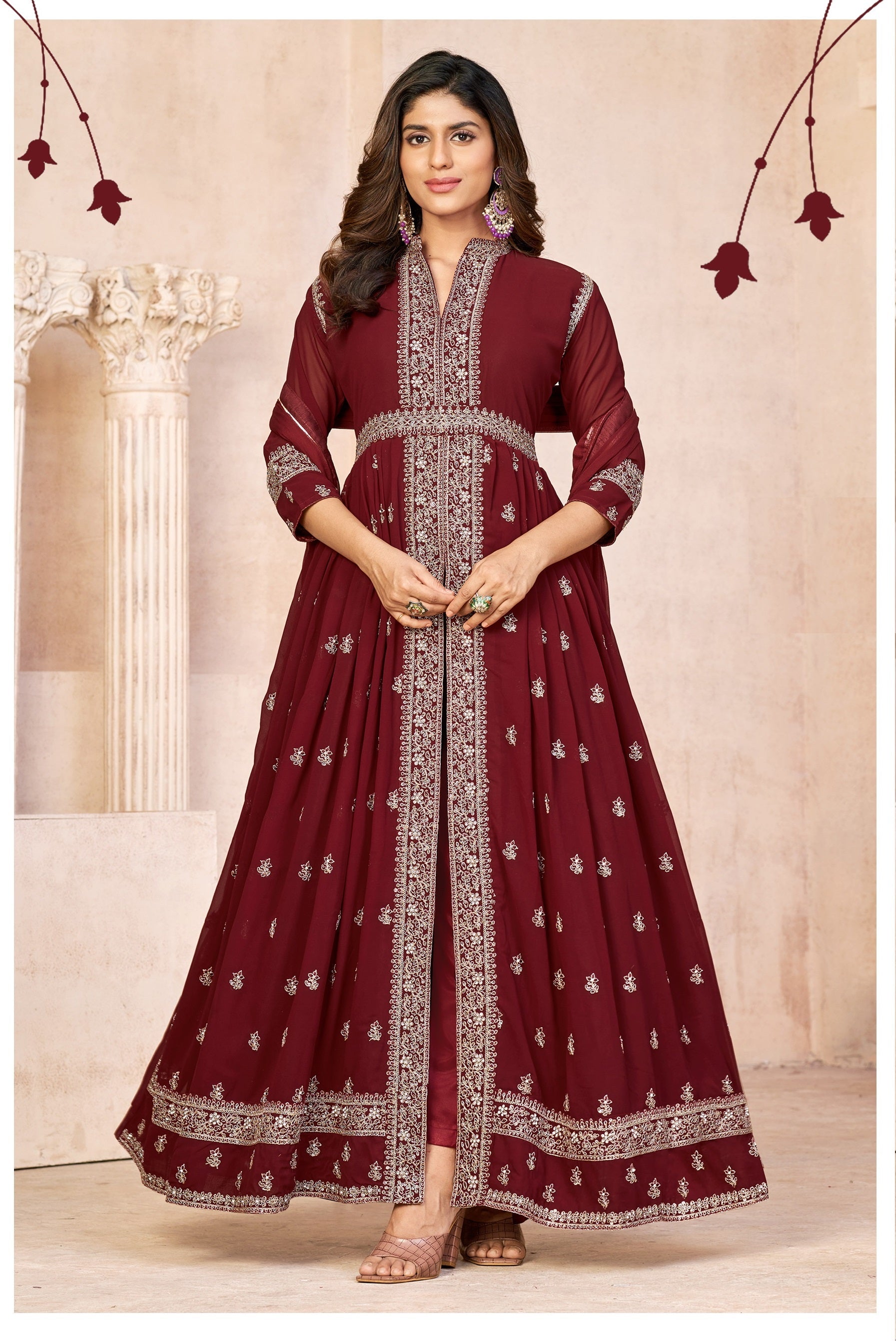 Anaita Maroon Embroidered Faux Georgette Anarkali Suit | Grocsy