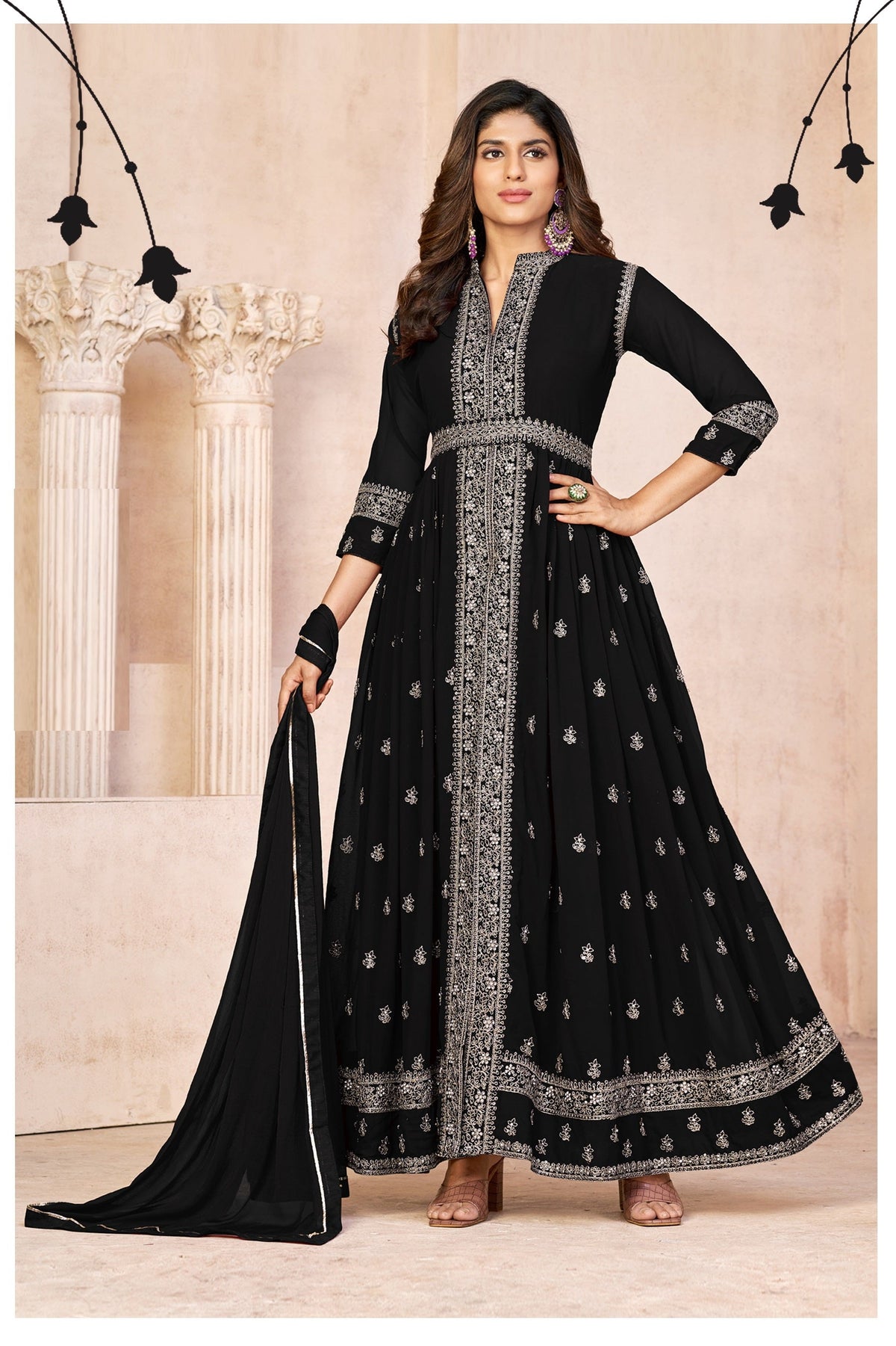 Anaita Black Embroidered Faux Georgette Anarkali Suit | Grocsy