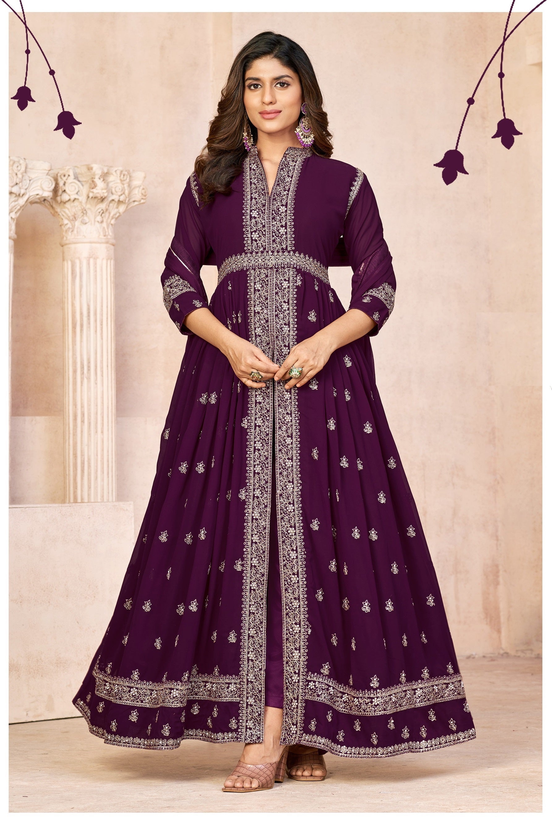Anaita Wine Embroidered Faux Georgette Anarkali Suit | Grocsy