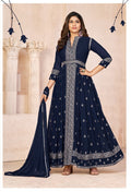 Anaita Navy Blue Embroidered Faux Georgette Anarkali Suit | Grocsy