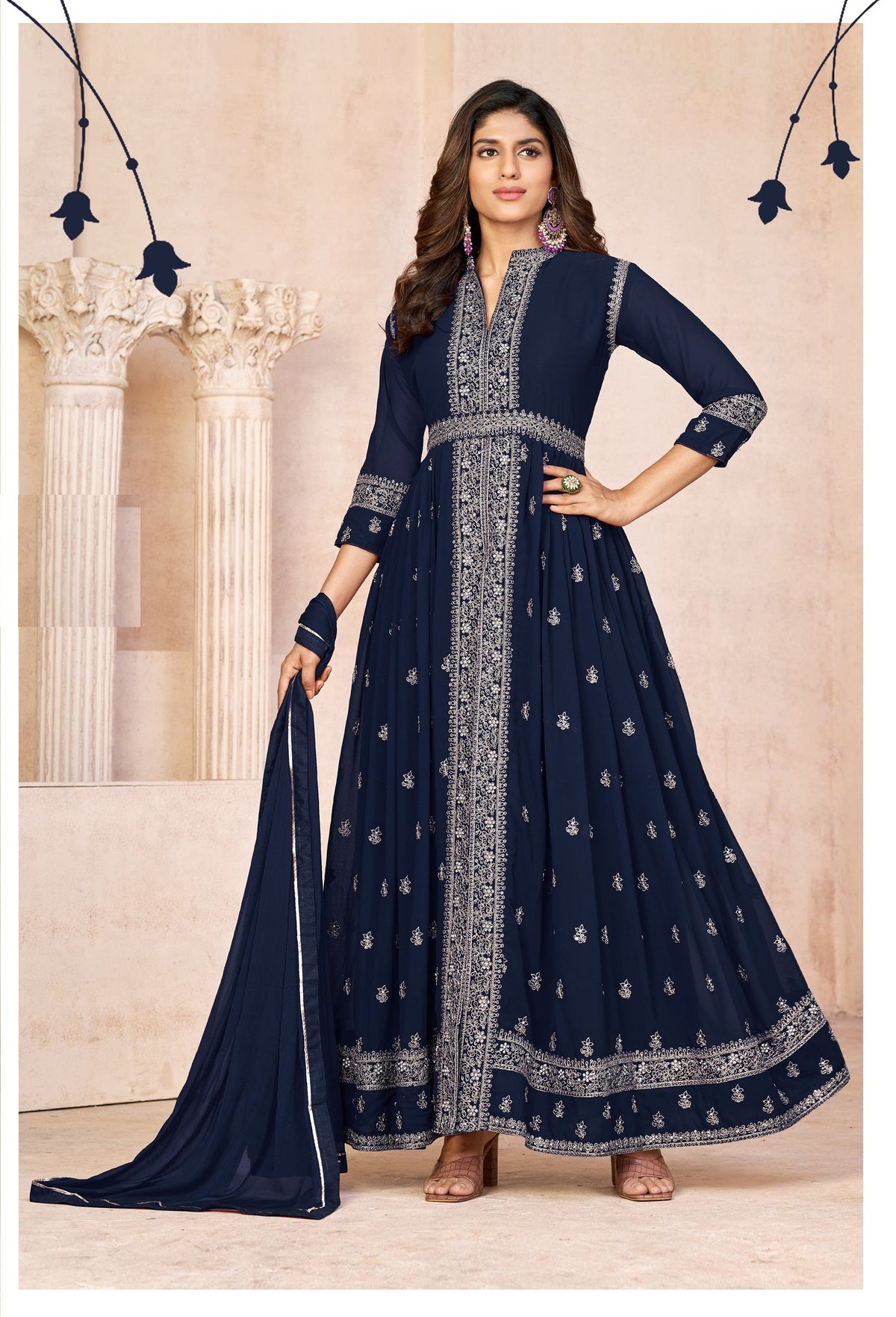Anaita Navy Blue Embroidered Faux Georgette Anarkali Suit | Grocsy