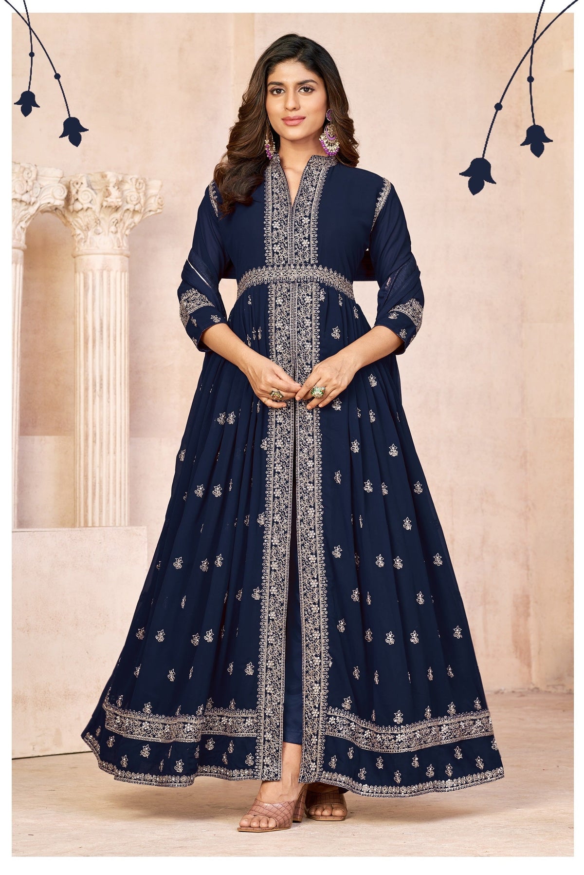 Anaita Navy Blue Embroidered Faux Georgette Anarkali Suit | Grocsy