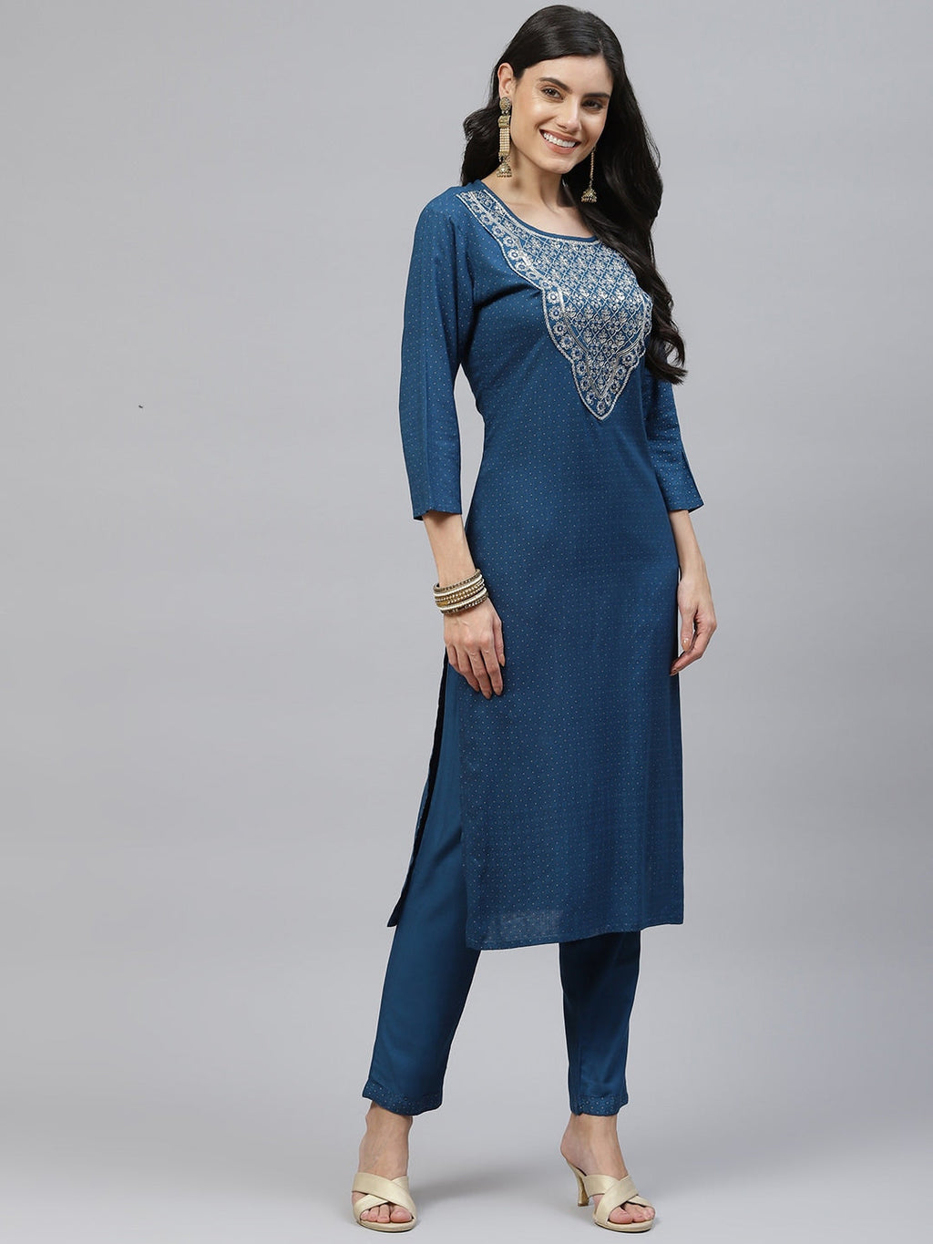 HERE&NOW Women Blue Embroidered Kurta with Trousers & Dupatta | Grocsy
