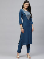 HERE&NOW Women Blue Embroidered Kurta with Trousers & Dupatta | Grocsy