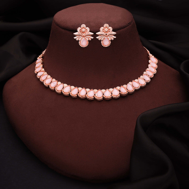 Tehzeeb Creationss Rose Gold Polish Baby Pink Colour Necklace With Pair Of Earrings | Grocsy