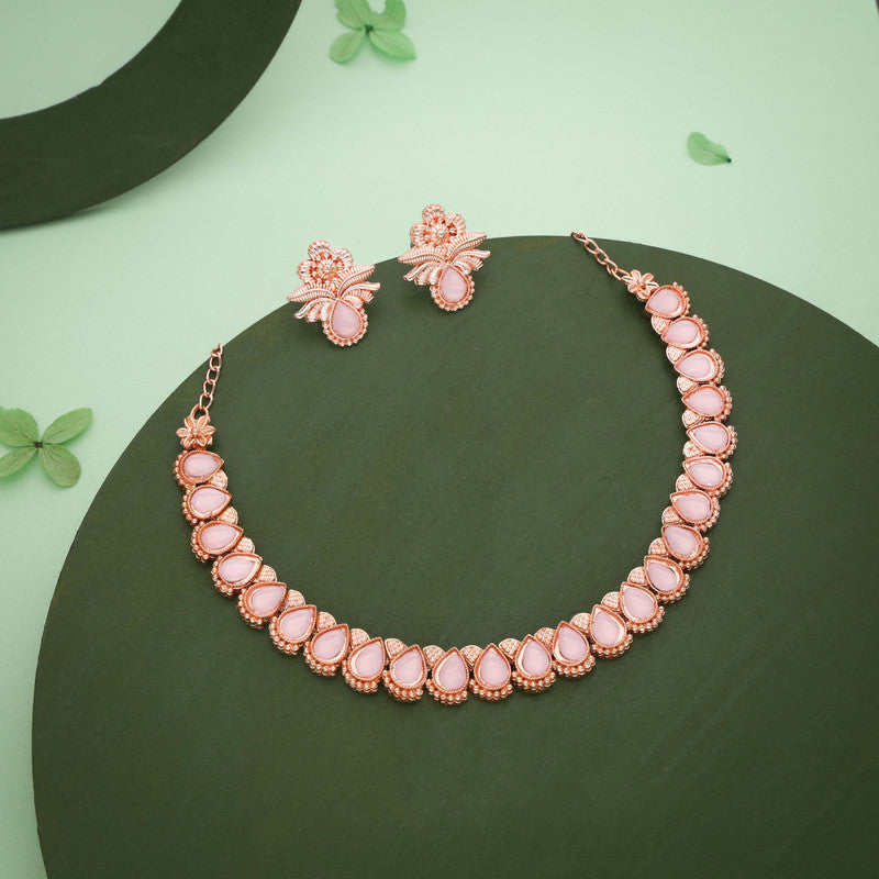 Tehzeeb Creationss Rose Gold Polish Baby Pink Colour Necklace With Pair Of Earrings | Grocsy
