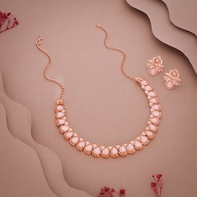 Tehzeeb Creationss Rose Gold Polish Baby Pink Colour Necklace With Pair Of Earrings | Grocsy