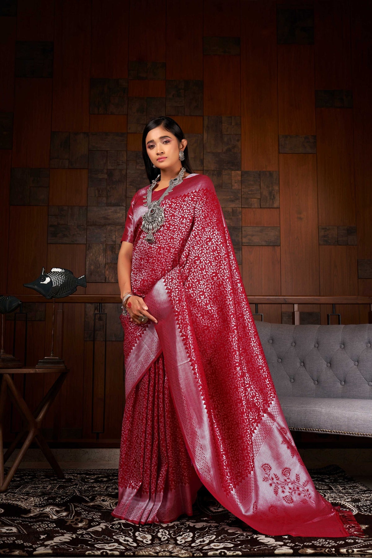 Vardha Merlot Red Silver Zari Kanjeevaram Silk Saree | Grocsy