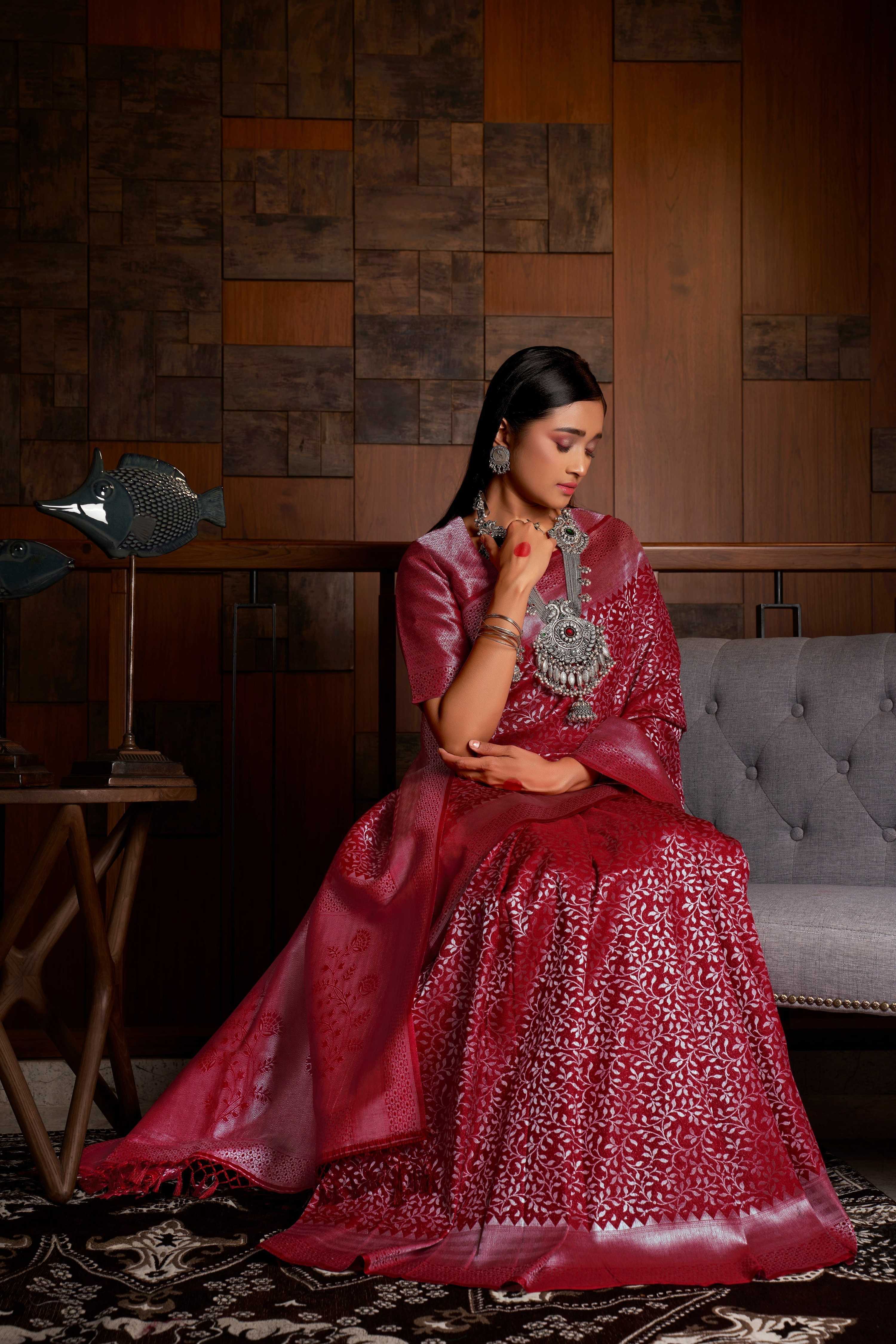 Vardha Merlot Red Silver Zari Kanjeevaram Silk Saree | Grocsy