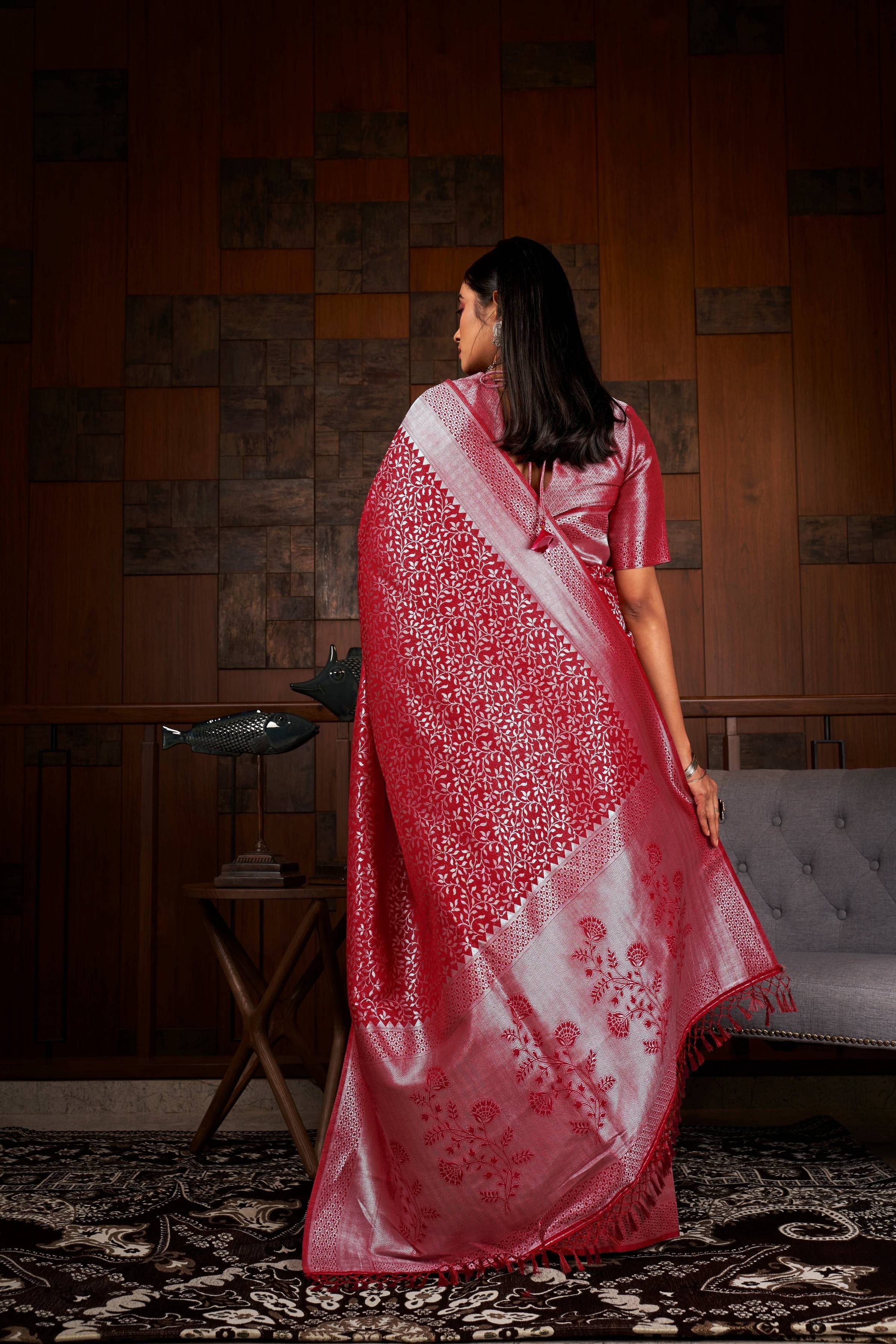 Vardha Merlot Red Silver Zari Kanjeevaram Silk Saree | Grocsy