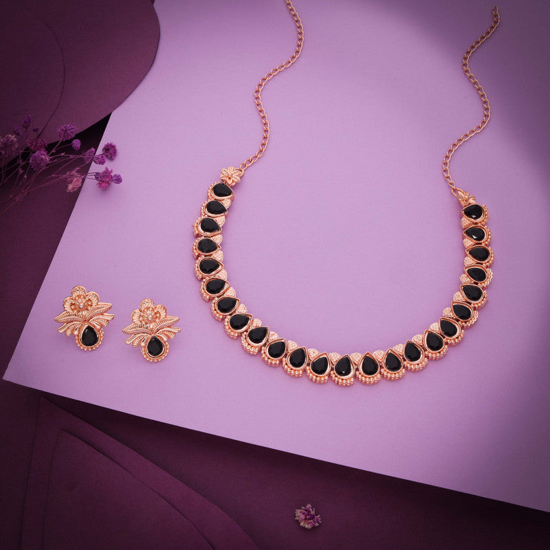 Tehzeeb Creationss Rose Gold Polish Black Colour Necklace With Pair Of Earrings | Grocsy
