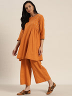 Sangria Women Rust Orange Solid Pure Cotton Kurta with Palazzos | Grocsy