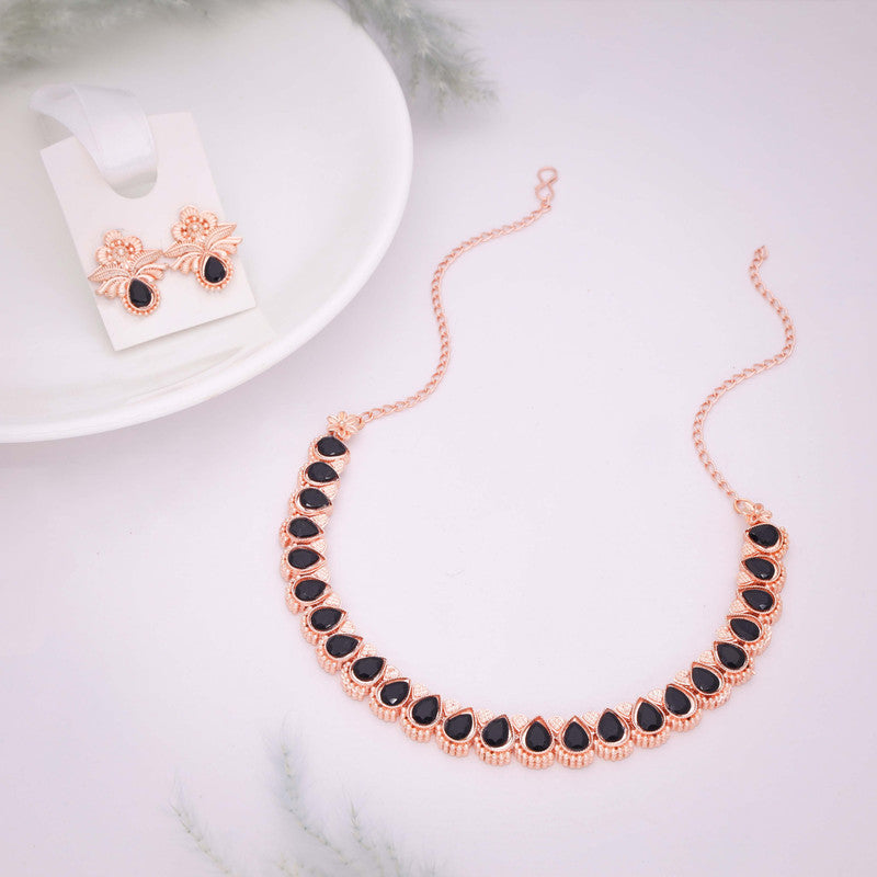 Tehzeeb Creationss Rose Gold Polish Black Colour Necklace With Pair Of Earrings | Grocsy