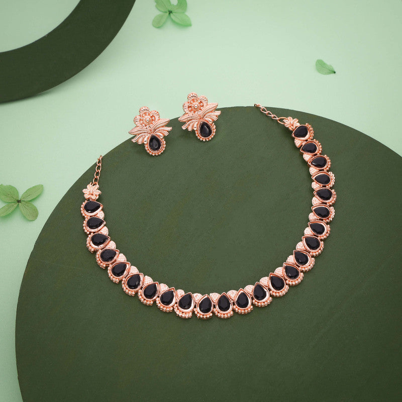 Tehzeeb Creationss Rose Gold Polish Black Colour Necklace With Pair Of Earrings | Grocsy