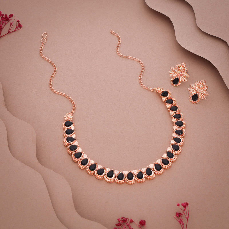 Tehzeeb Creationss Rose Gold Polish Black Colour Necklace With Pair Of Earrings | Grocsy