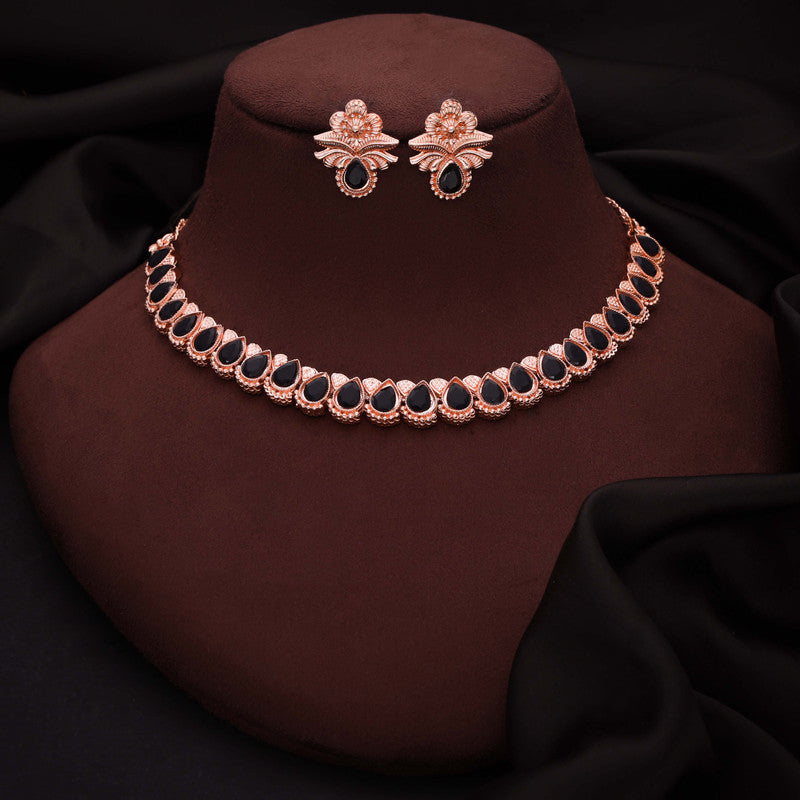 Tehzeeb Creationss Rose Gold Polish Black Colour Necklace With Pair Of Earrings | Grocsy