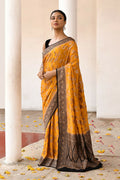 Joban Fashion Yellow Crepe Chiffon Pure Handloom Banarasi Silk Saree | Grocsy