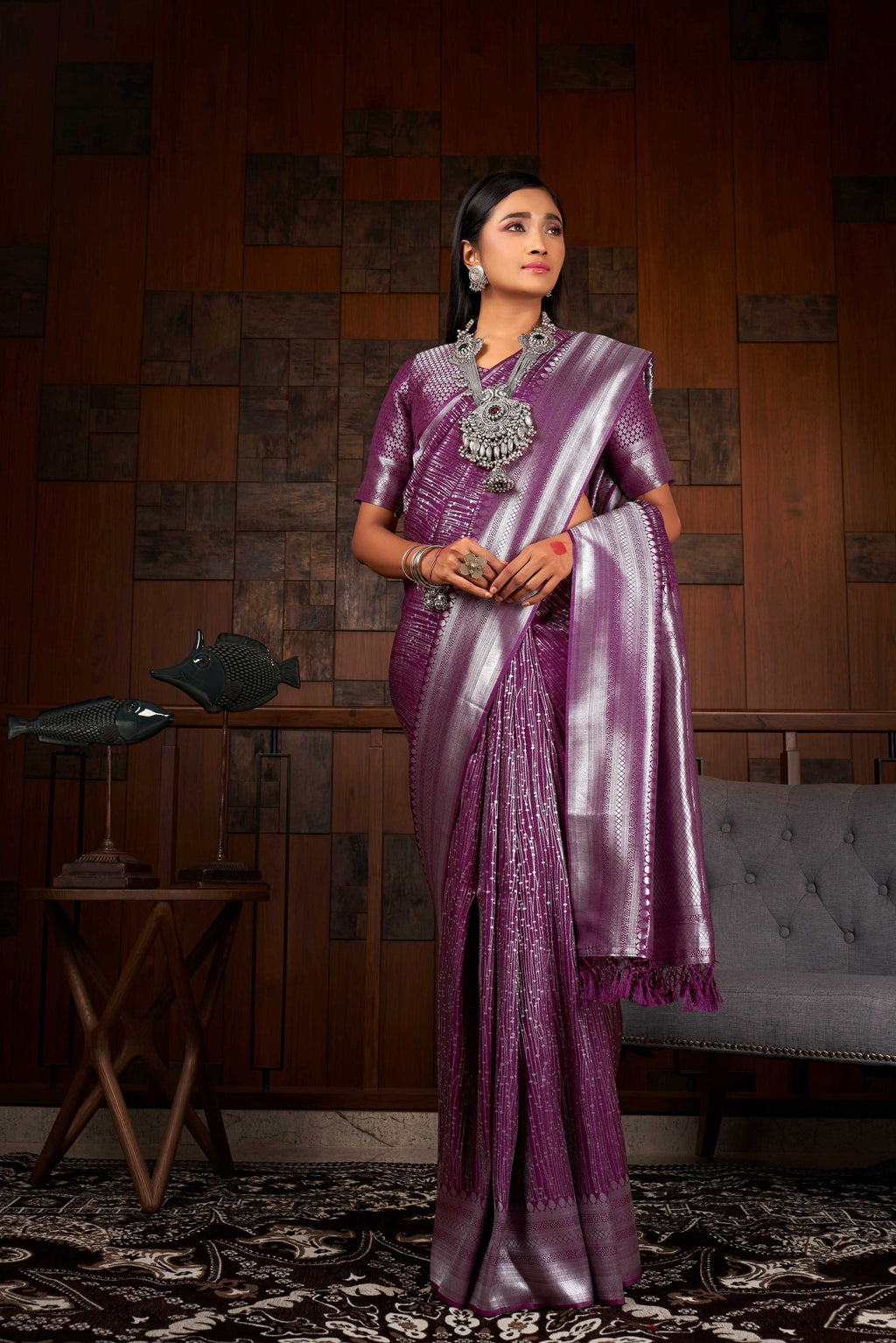 Vardha Plum Purple Silver Zari Kanjeevaram Silk Saree | Grocsy