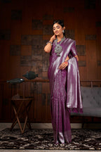 Vardha Plum Purple Silver Zari Kanjeevaram Silk Saree | Grocsy